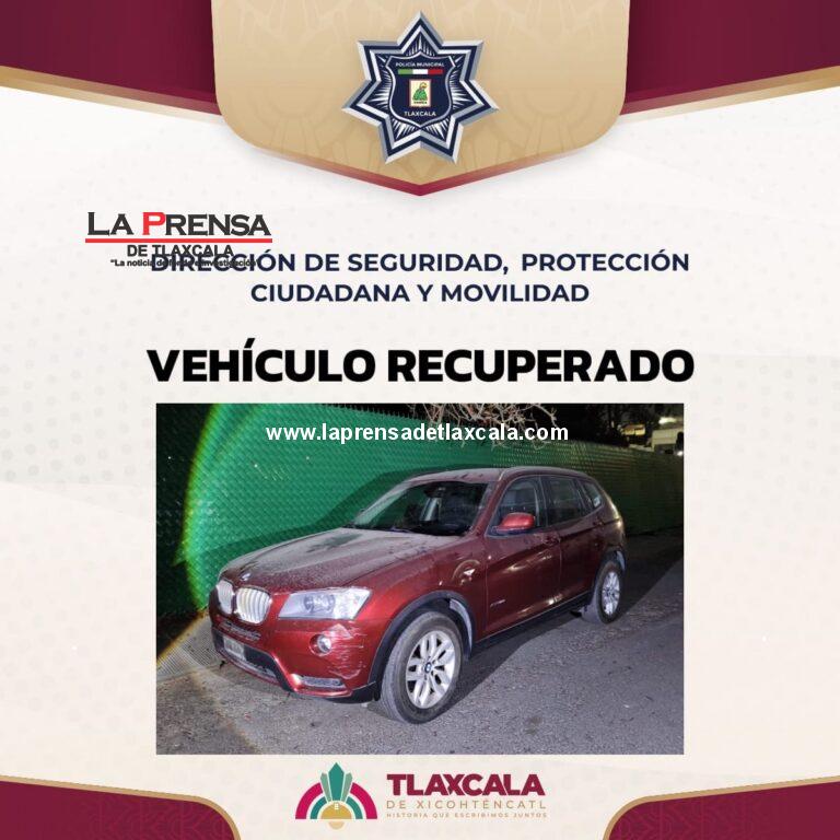 Recupera policía municipal de Tlaxcala vehículo de alta gama con reporte de robo.