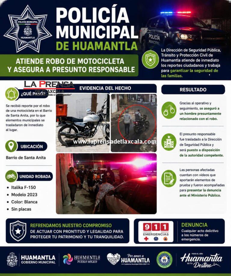 Policía Municipal asegura a presunto responsable tras reporte de robo de motocicleta en Huamantla.