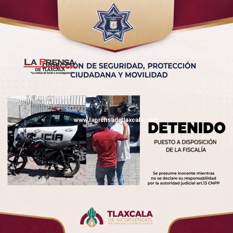 Detiene policía de Tlaxcala a hombre con orden de aprehensión vigente durante patrullaje preventivo y lo entregan a la FGJE.
